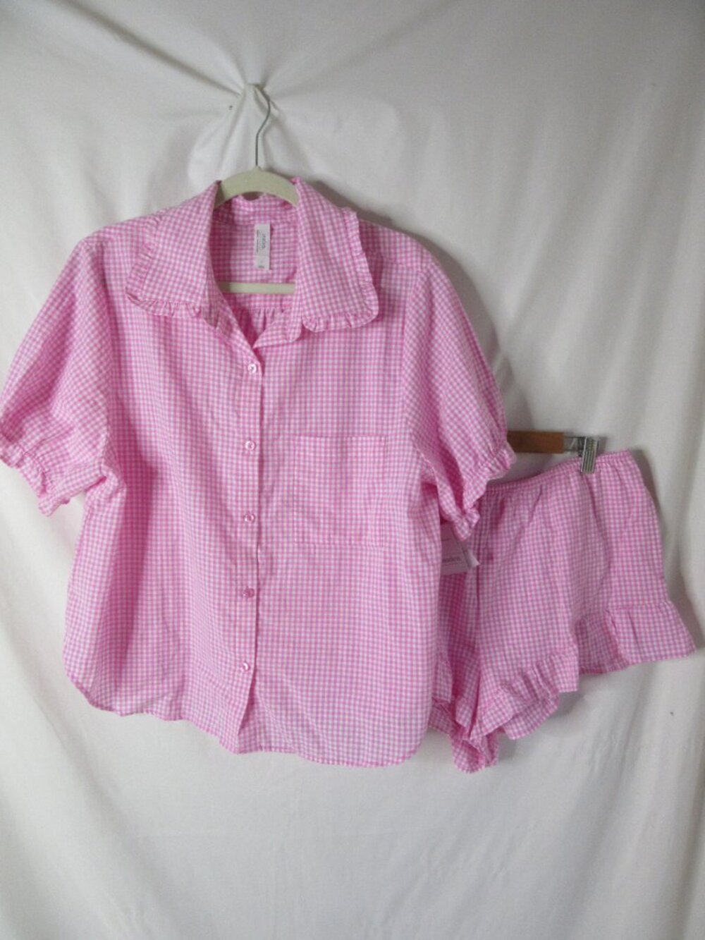 Auden Pajamas Pink Gingham Ruffle Shorts Button Notch Collar Top Size Large NWT - Picture 12 of 13